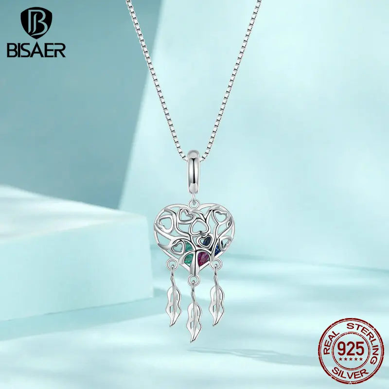 BISAER 925 Sterling Silver Tree of Life Dreamcatcher Pendant Necklace Heart Box Chain Plated White Gold for Woman Fine Jewelry