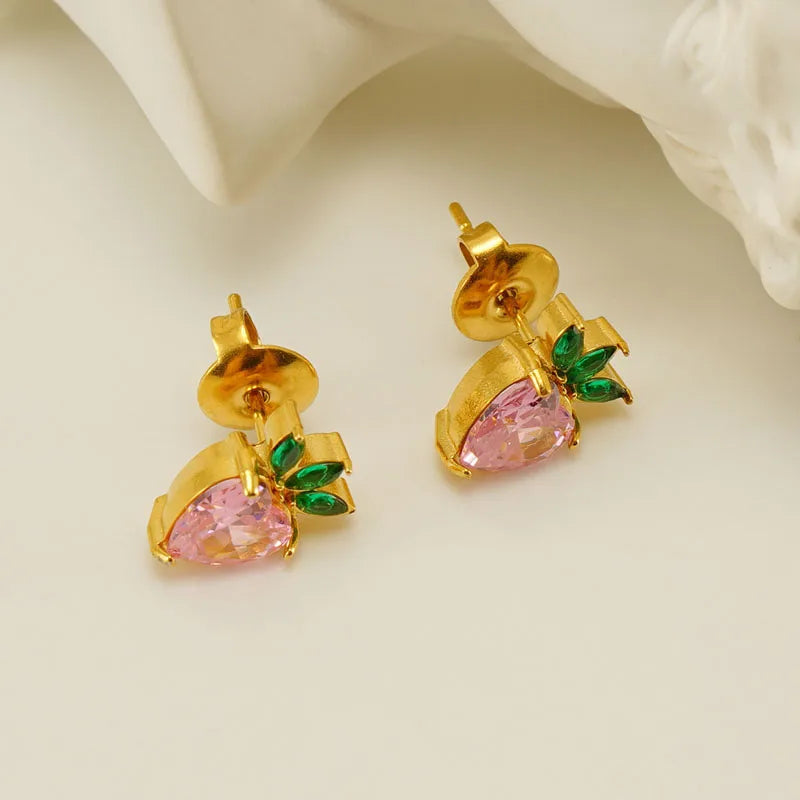 INS Summer 18K Gold Color Stainless Steel Pink Cubic Zirconia Fruit Stud Earrings Waterproof Cute Post Earring Jewelry Gift