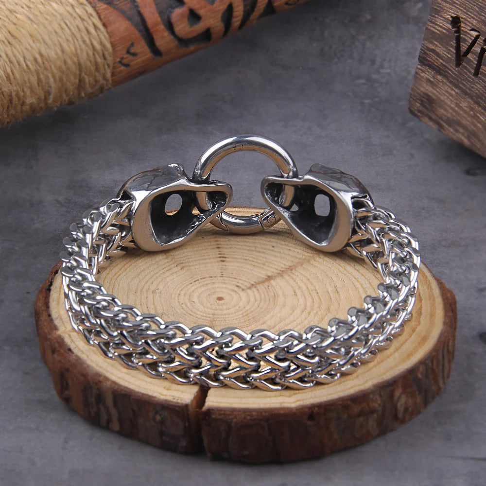 Bracelet en acier inoxydable à double tête de loup nordique pour hommes, chaîne en maille punk rétro, bracelet animal, bijoux tendance hip hop rock