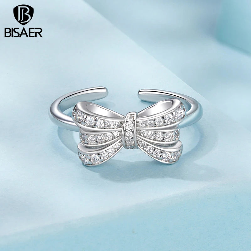 BISAER Bague Ouverte en Or Blanc Plaqué Taille Réglable 5-9 Anneaux pour Femmes Luxe Léger Mariage Fiançailles Mode Bijoux Cadeau