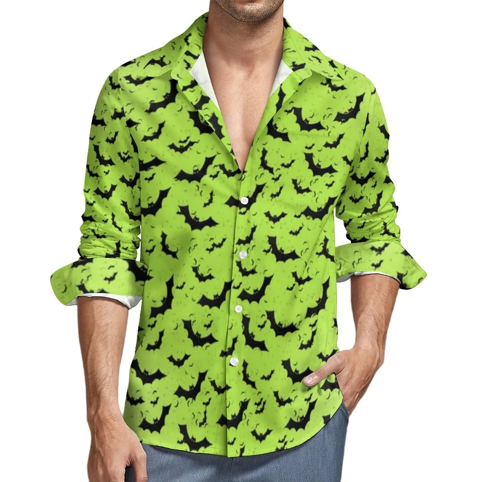 Camisa con estampado de murciélagos morados, camisas casuales de otoño y Halloween para hombre, blusas holgadas de manga larga, ropa gráfica divertida de talla grande