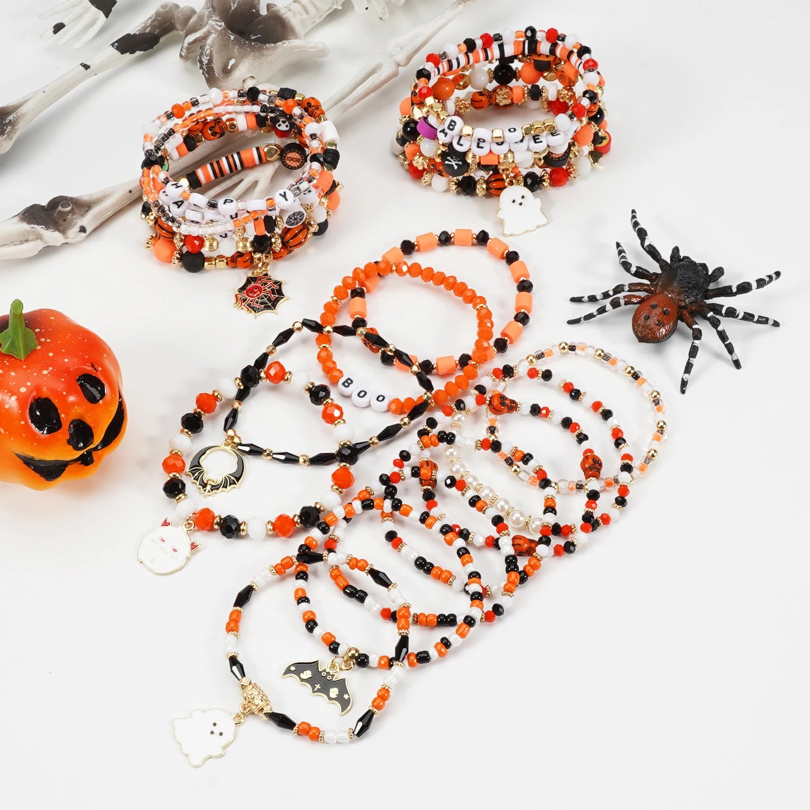 Artificial Crystal Soft Cover Halloween Bracelet Ghost Spider Web Bat Spider Pendant Multilayer Stretch Bracelet