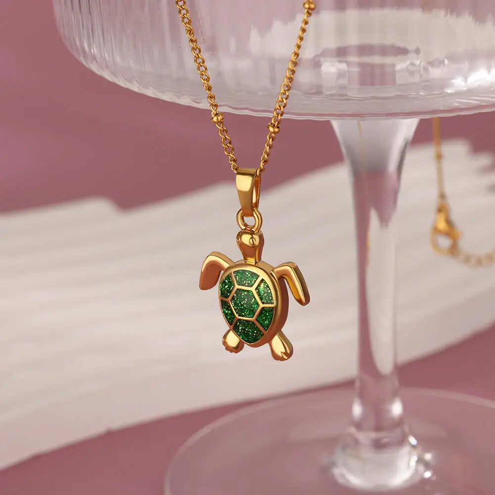 Colored Turtle Pendant Necklace for Women Summer Beach Female Charm Necklace Beads Chain Cute Stainless Steel Jewelry collar