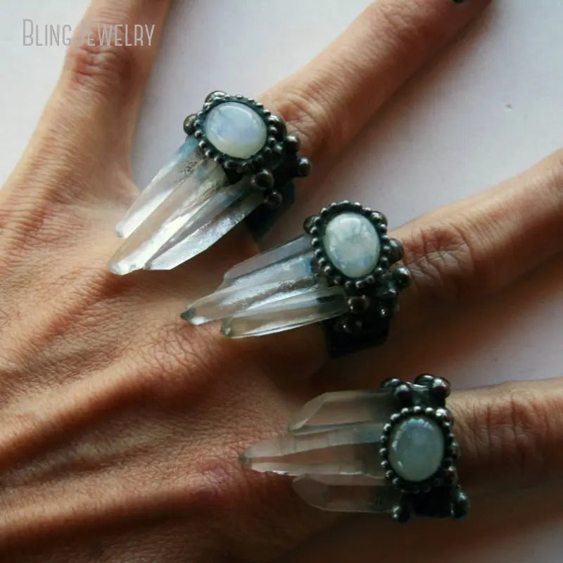 10pcs Witchdraft Quartz Trinity Crystal Rainbow Moonstone Statement Ring Goth Witch Wicca Boho Halloween Steampunk Emo Jewelry