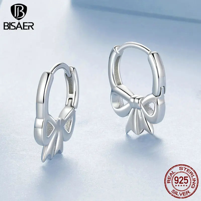 BISAER 925 Sterling Silver Bowknot Hoop Earrings Plated White Gold For Girl's Romance Party Weeding Fien Jewelry Gift EFE1078