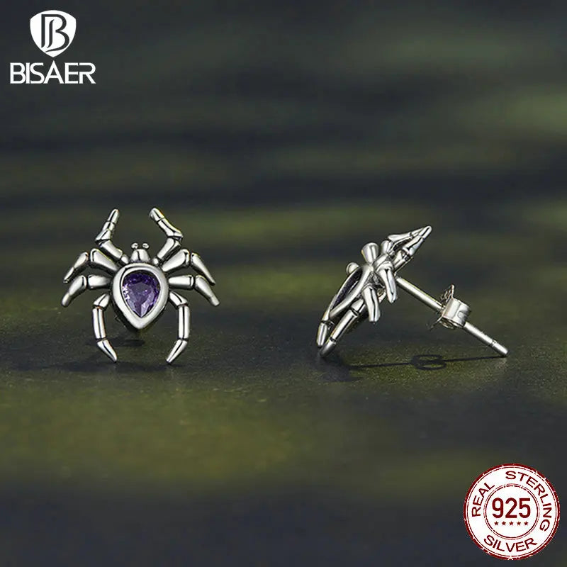 BISAER Real 925 Sterling Silver Spider Open Ring Eearrings Animal Jewelry Sets For Women Party Halloween Gift Fine Jewelry