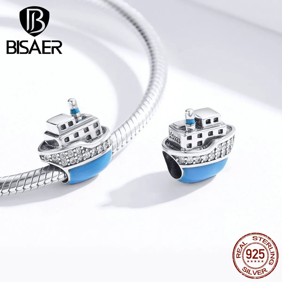 BISAER 925 Sterling Silver Blue Sea Charm Beads Giant Ship Mermaid Pendant For Women Bracelet Necklace DIY Jewelry Beach Gift