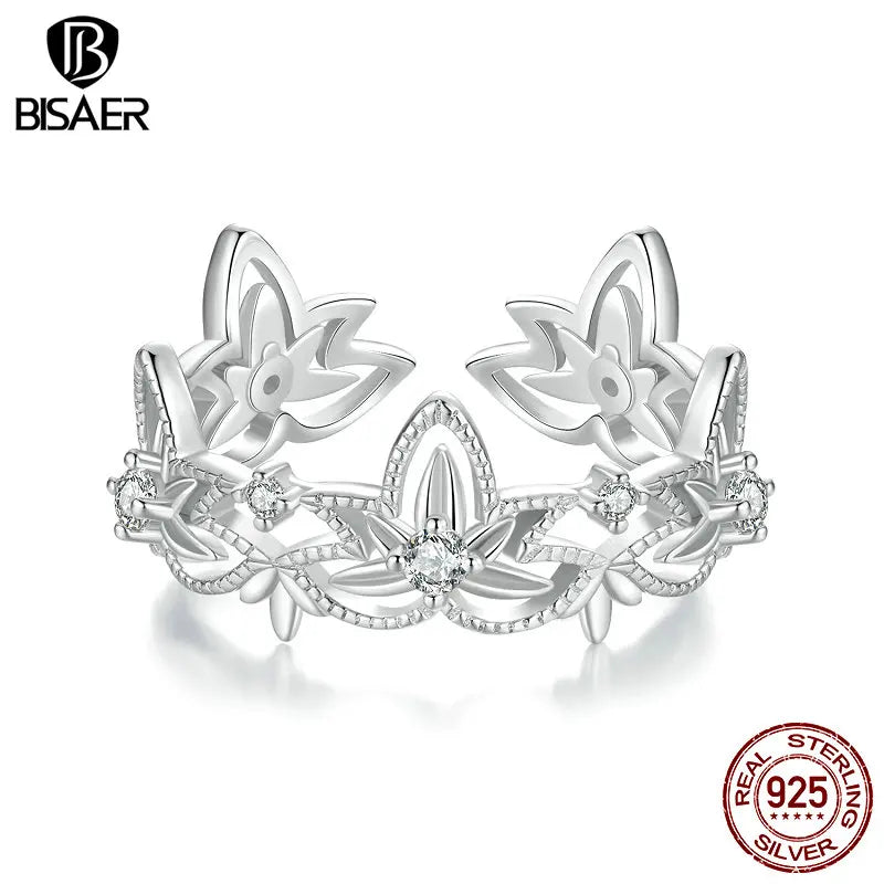 BISAER Real 925 Sterling Silver Lotus Open Ring Flower Band Adjustable Size 5-9 Plated White Gold for Women Party Fine Jewelry