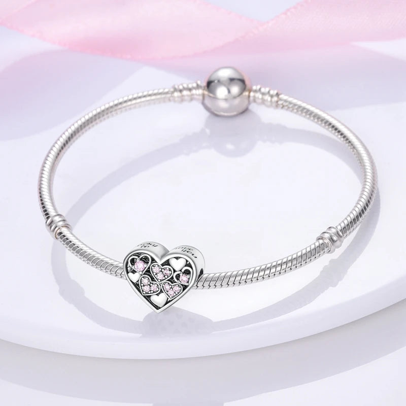 Pandora-Charm-Perlen mit Herz-Anhänger aus 925er Sterlingsilber mit CZ-Steinen, Schmuckperlen für Mädchen, Geschenke für Frauen, Armband, Halskette