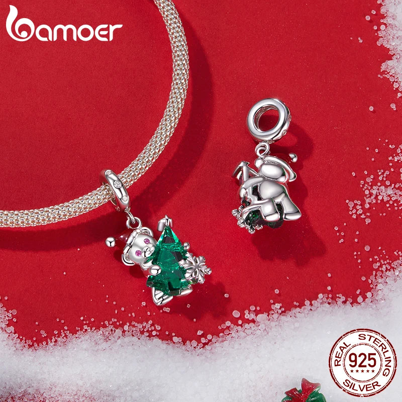 BAMOER Breloque en forme d'ours de Noël en argent sterling 925 massif pour bracelet original, breloque Bamoer pour la fabrication de bijoux, cadeau de Noël