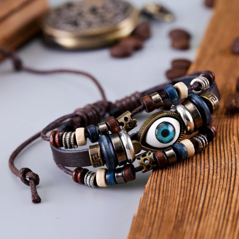 Evil Eye Bracelets For Men Women Vintage Leather Rope Cool Adjustable Layered Bracelet Charm Turkey Jewelry Halloween Cosplay