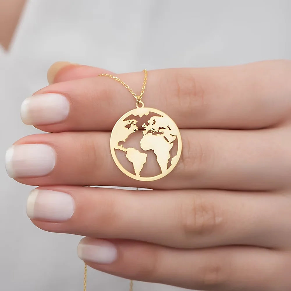 Collier en acier inoxydable avec pendentif carte du monde, breloque globe, bijoux bohème pour femmes, ras du cou Wanderlust Earth, cadeaux de voyage