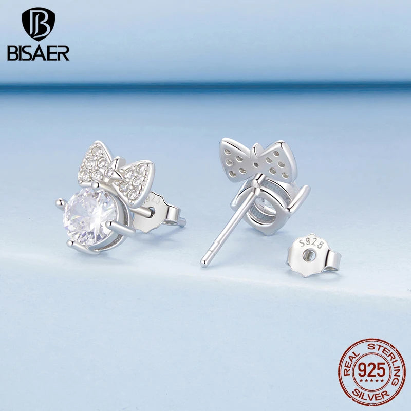 BISAER 925 Sterling Silver Bowknot Stud Earrings Sparkling Zircon Earrings Plated White Gold for Women Party Fine Jewelry Gift