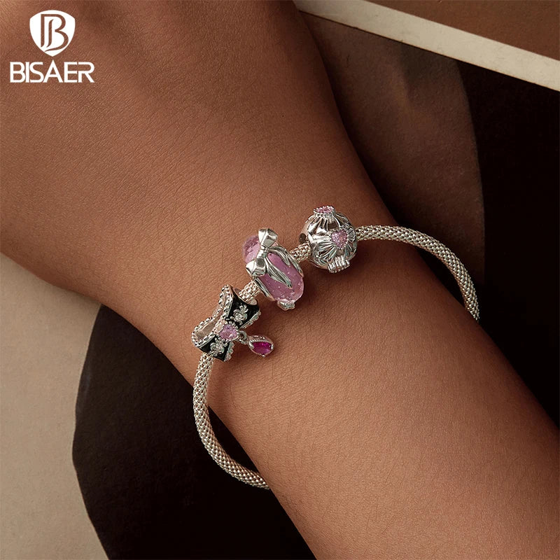 BISAER 925 Sterling Silver Bow Charm Bow-knot Safety Chain Pink Heart Diamond Pattern Bead for Girls DIY Bracelets Fine Jewelry