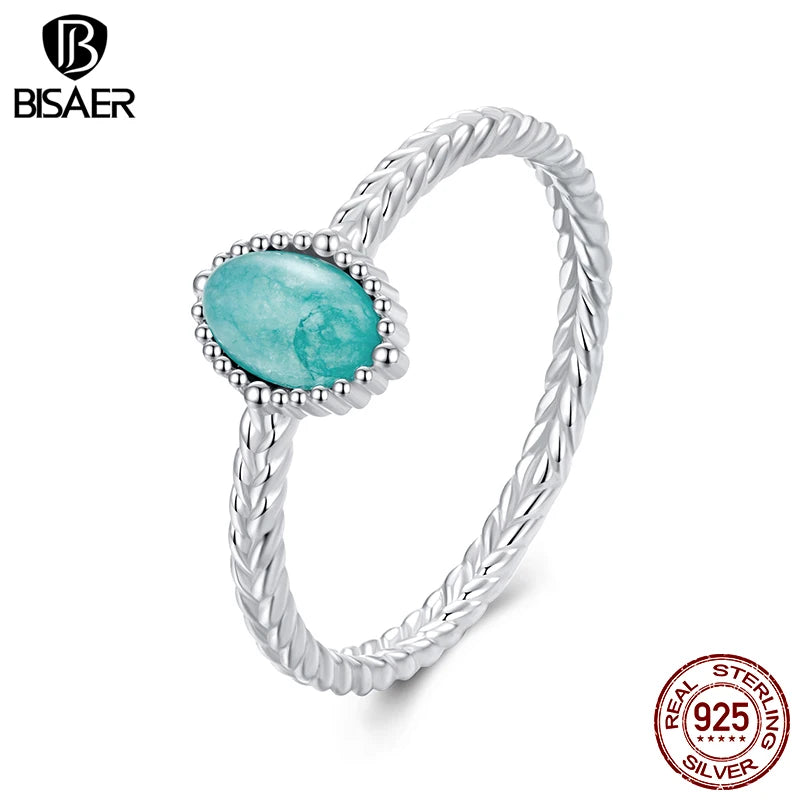 BISAER 925 Sterling Silver Amazonite Solitaire Ring Oval Band Plated White Gold for Elegant Women Party Fine Jewelry EFR624