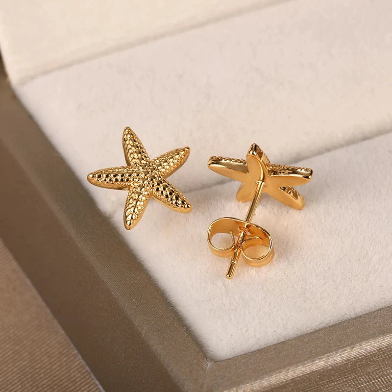 Vintage Summer Starfish Stainless Steel Stud Earrings For Women Simple Star Shell Earrings Stud Ocean Party Jewelry Gift 2024