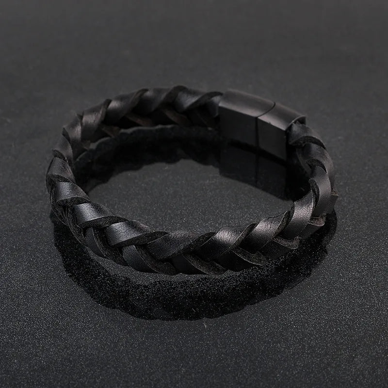 MKENDN Simple Style Brushed Black Stainless Steel Charm Men Bracelet Leather Genuine Braided Punk Rock Bangles Jewelry Gifts