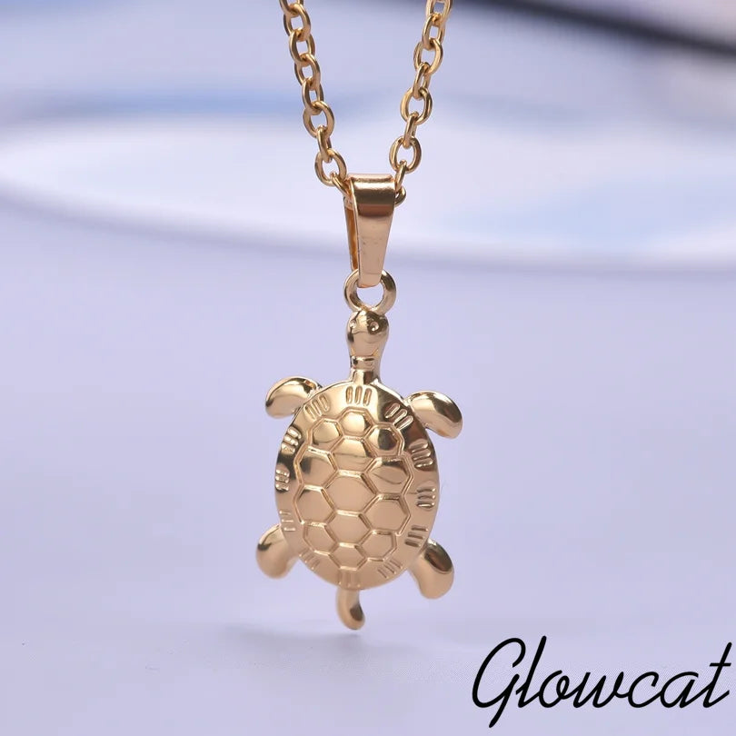 Glowcat Cute Sea Turtle Pendant Necklace Simple Chain On The Neck Necklaces For Women Men Accessories Stainless Steel Jewelry