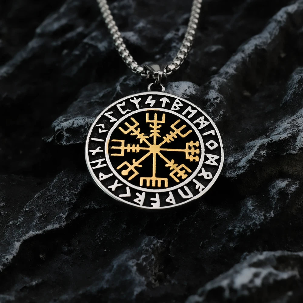 Compass Necklace Viking Metal Disk Pendant Viking Rune Vintage European and American Festival Gift