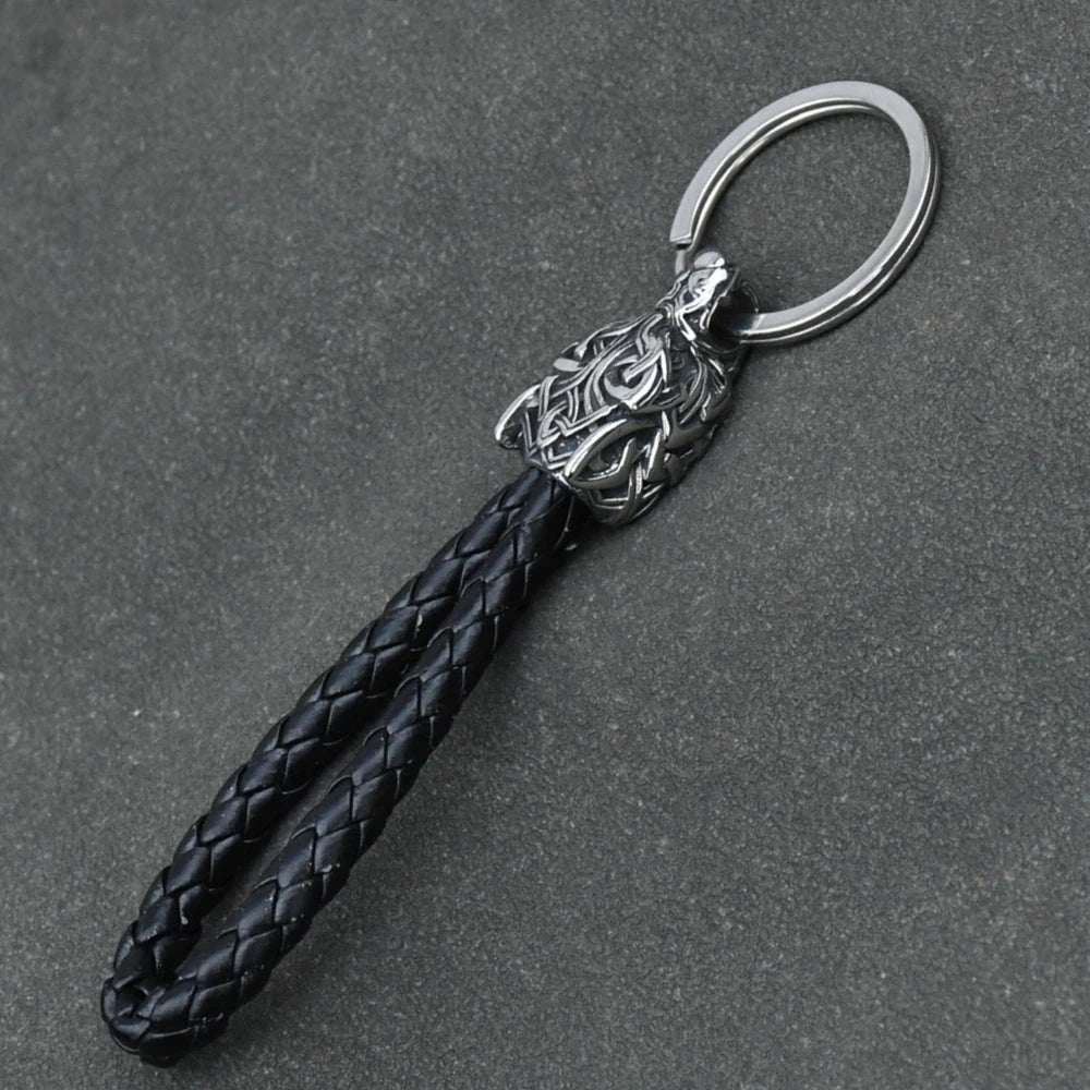 Vintage Wolf Head Keychains Vikings Pendant Stainless Steel wolf Keyring Handmade Male Black leather Key Ring