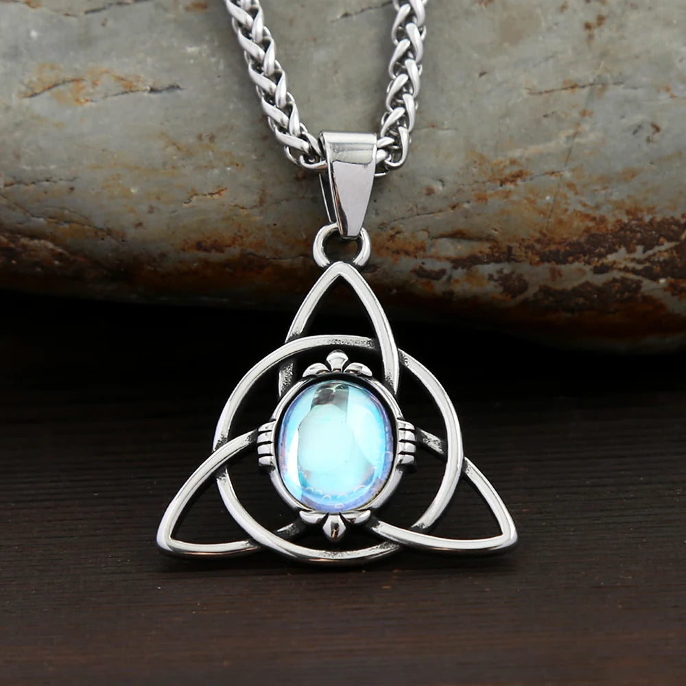 Nordic Vintage Stainless Steel Trinity Knots Pendant Necklaces For Men Women Fashion Opal Necklace Viking Amulet Jewelry Gifts