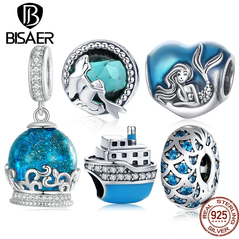 BISAER 925 Sterling Silver Blue Sea Charm Beads Giant Ship Mermaid Pendant For Women Bracelet Necklace DIY Jewelry Beach Gift