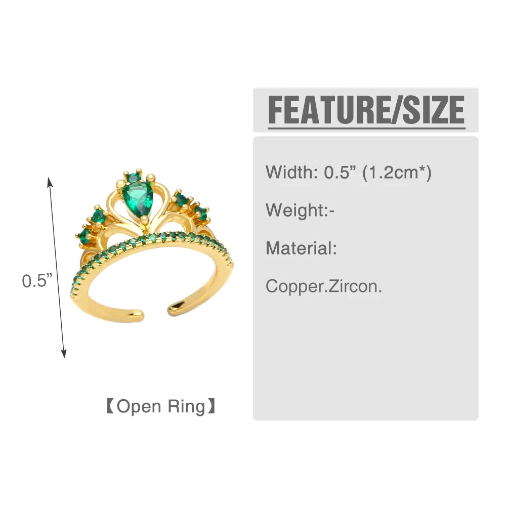 FLOLA Chic Clear Green Crystal Rings for Women Gold Plated Geometric Rings Crown Open Rings Spring Summer Jewelry Gifts rigp57