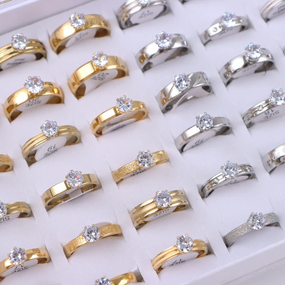 10Pcs/Lot Fashion Stainless Steel Rhinestone Stripe Rings For Women Mix Style Wedding Engagement Jewelry Party Gifts