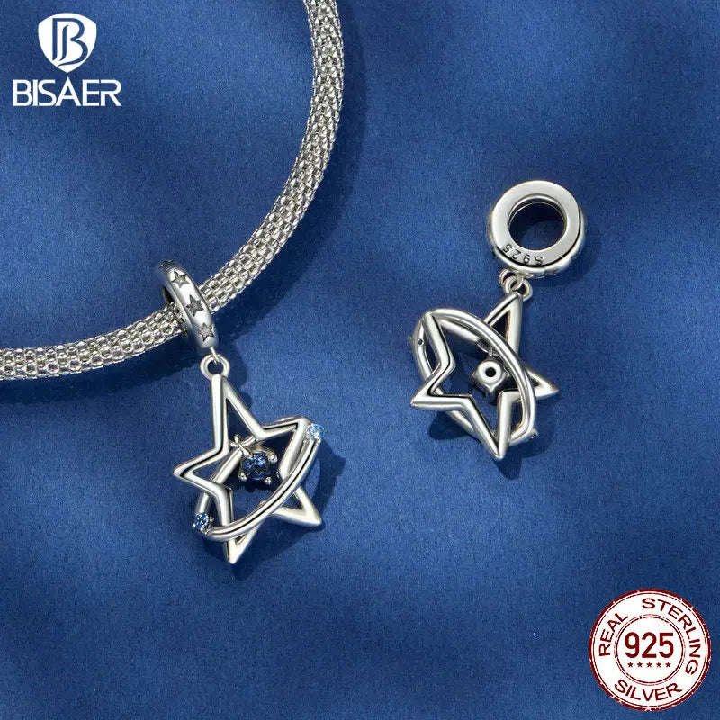 BISAER 925 Sterling Silver Dreamy Star Srail Charm Airplane Astronaut Space Series Pendant For Women DIY Bracelet Fine Jewelry