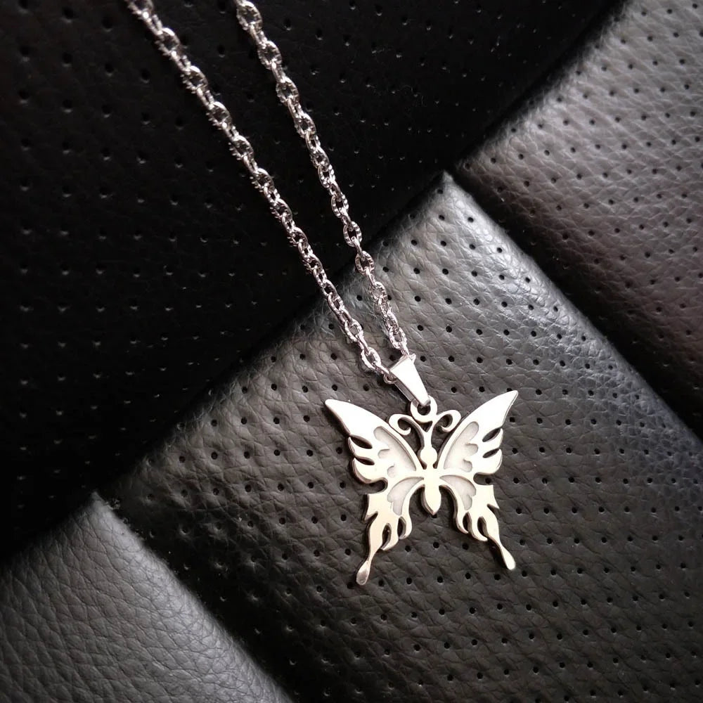 Novel Luminous Glowing Butterfly Pendant Hexagram Stainless Steel Glow In The Dark Necklace for Women Men Halloween Gift