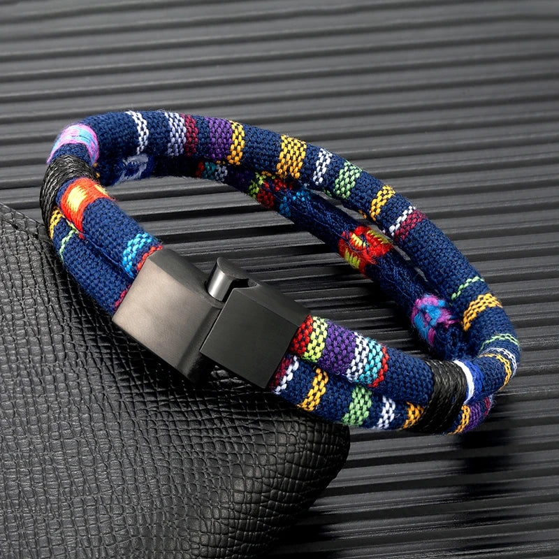 Black Stainless Steel Surfer Waterproof Rope Bracelet Men Women Handmade Woven Double-Layer Design Beach Jewelry Gift