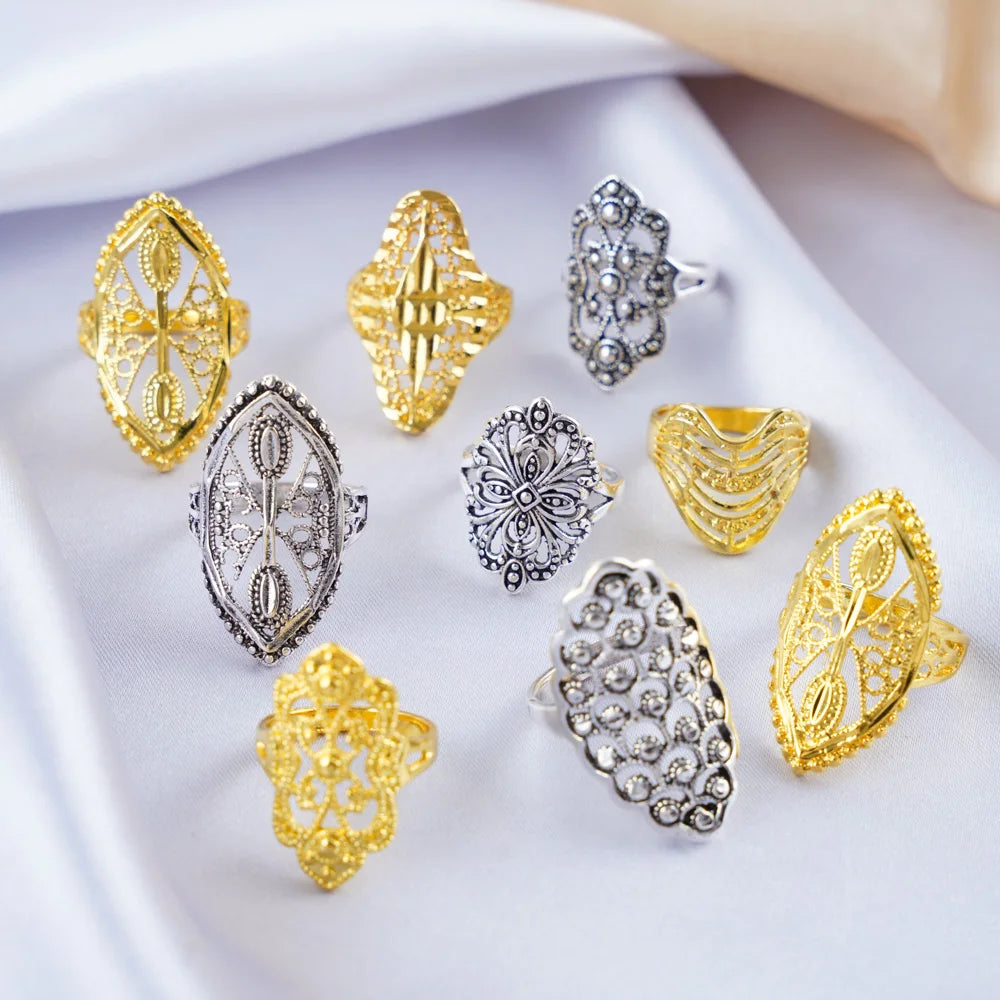 10Pcs/Lots Mix Style Vintage Carved Flower Rings For Charm Women Daily Holiday Party Jewelry Accessories Gifts