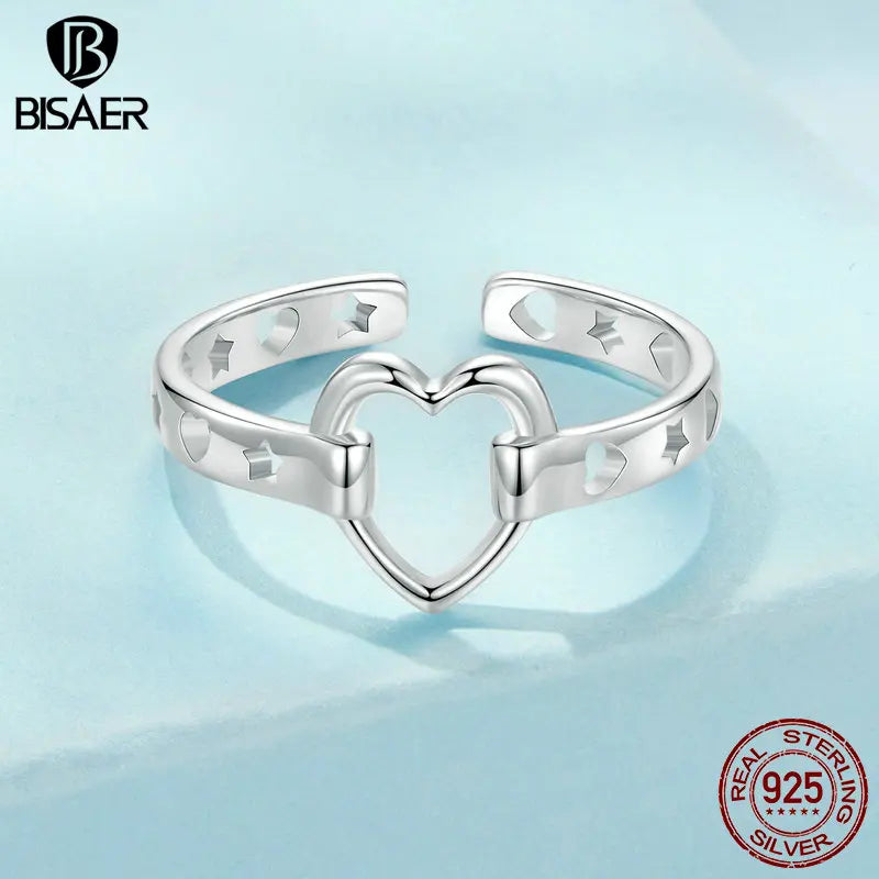 Bague ouverte en argent sterling 925 BISAER en forme de cœur creux empilable, plaquée or blanc pour couple, bijoux fins pour anniversaire