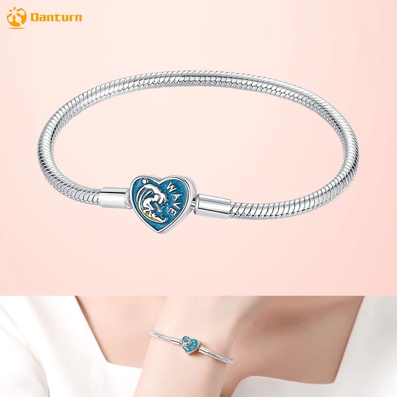 Danturn 925 Silver Heart Infinity Wishbone Heart Blue Disc Fan Clasp Heart T-Bar Multi Snake Chain Bracelets