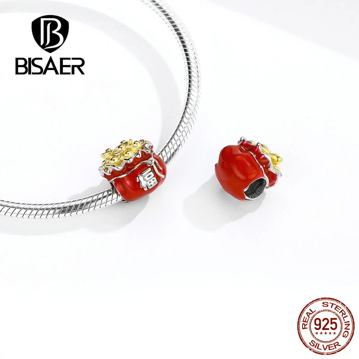 BISAER 100% 925 Sterling Silver Chinese New Year Red DIY Charms Beads Lantern Pendant Fit Women DIY Bracelet Fine Jewelry