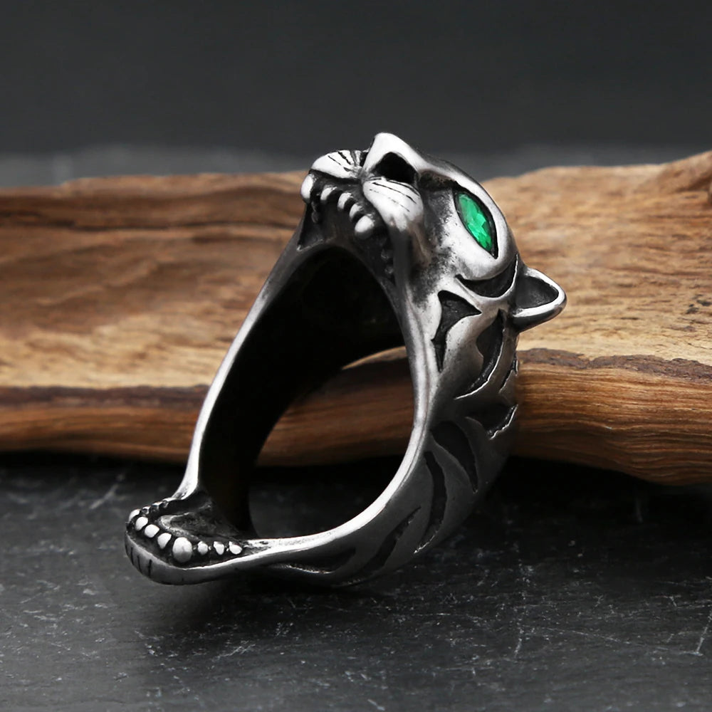 Vintage Punk Tiger Ring With Green Stone Eyes Stainless Steel Hip Hop Biker Animal Rings For Men Party Jewelry Gift Dropshipping