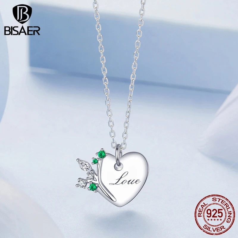 BISAER Tree of Life Necklace Real 925 Sterling Silver Eternal Heart Charm Chain Plated White Gold for Women Party Fine Jewelry