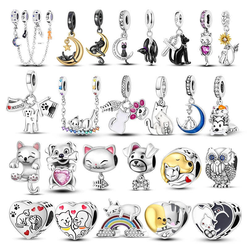 Cute Cats Dogs Collection 925 Silver Charms Beads Pet Cat Dog Dangle Fit Pandora Bracelet Necklace DIY Jewelry