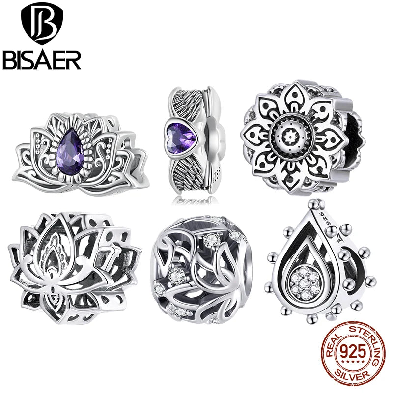 BISAER 925 Charms de plata esterlina Vintage Flor de loto Margarita Rosa Cuentas Colgante de pureza Ajuste DIY Pulsera Collar Joyería fina