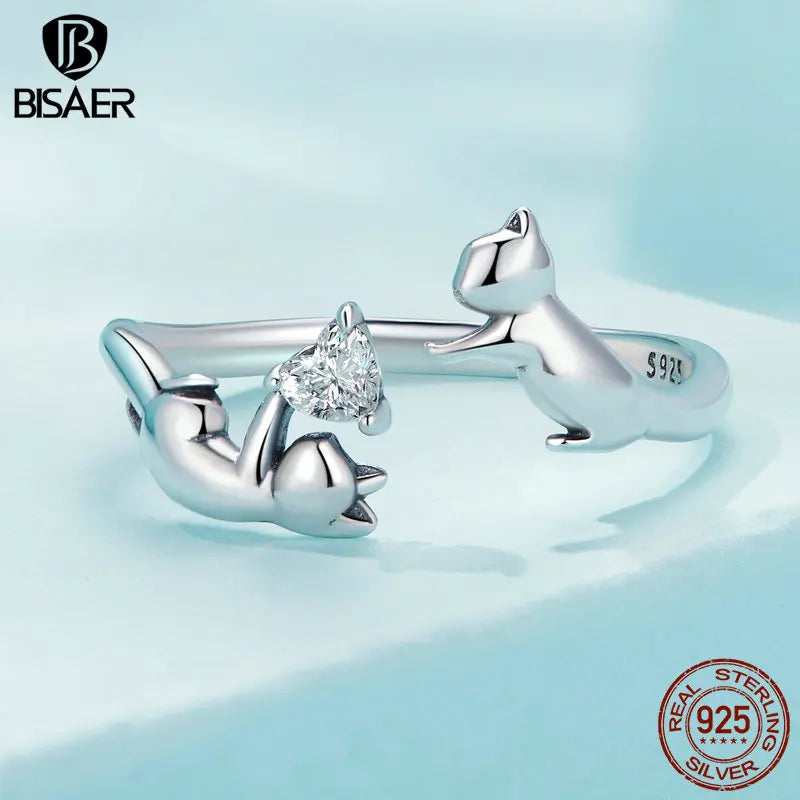 BISAER Real 925 Sterling Silver Cute Double Cat Adjustable Rings 6-9 Heart Zircon Pet Animal Open Ring Party Jewelry for Women