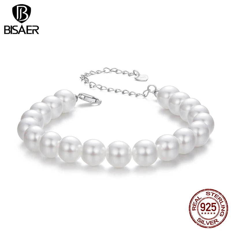 BISAER 925 Sterling Silver Pearl Bracelet Adjustable Chain Plated White Gold for Elegant Women Party Original Fine Jewelry