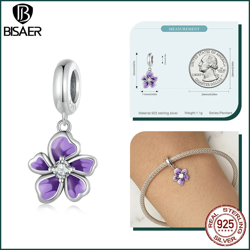 BISAER 925 Sterling Silver Lotus Flower Charm Bead Gradient Purple Crystal Pendant Fit Women DIY Bracelet Necklace Fine Jewelry