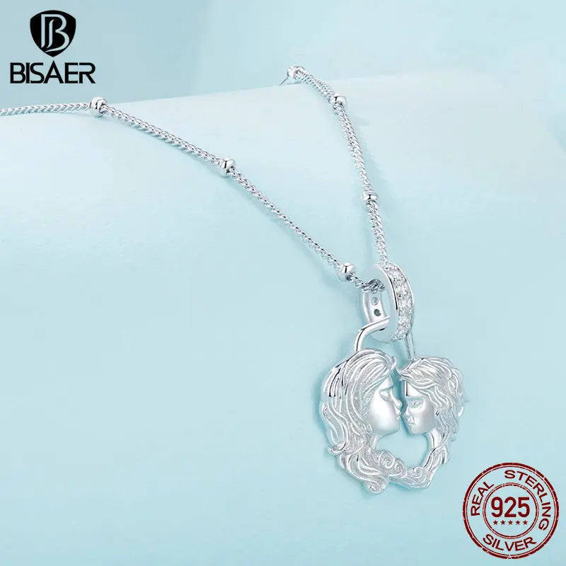 BISAER 925 Sterling Silver Mother&Child Love Pendant Necklaces Plated Platinum FOR Women Mother's Day Birthday Fine Jewelry Gift