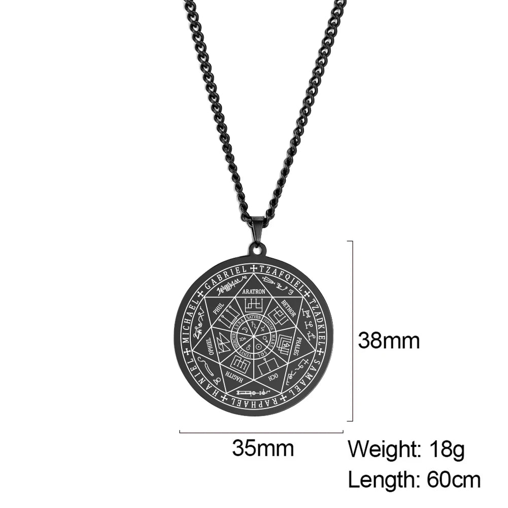 Dreamtimes Men's Necklace The Seal of The Seven Archangels Necklace Stainless Steel Round Male Pendant Jewelry Gifts Free Chain