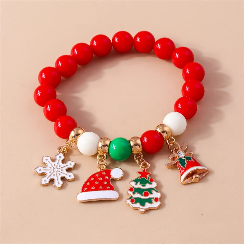 Pulsera de cuentas hecha a mano de moda con colgante de ciervo y campana de árbol de Navidad para mujeres y niñas, regalos de joyería de amistad para fiestas y vacaciones