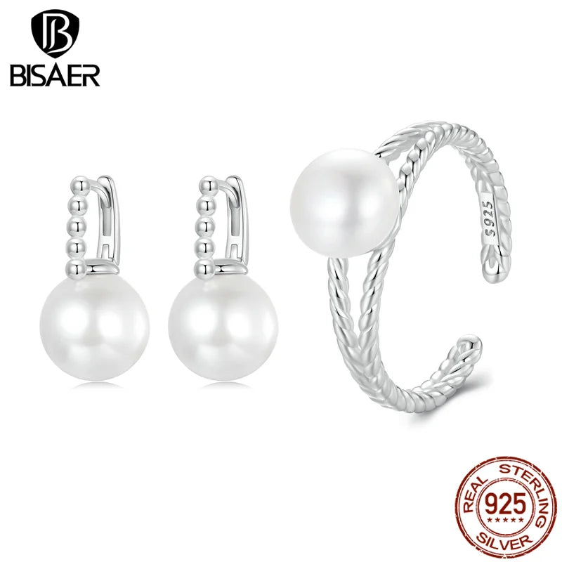 BISAER 925 Sterling Silver Pearl Open Ring Freshwater Pearl Stud Earrings for Elegant Women Party Fine Jewelry Set Autumn Gift