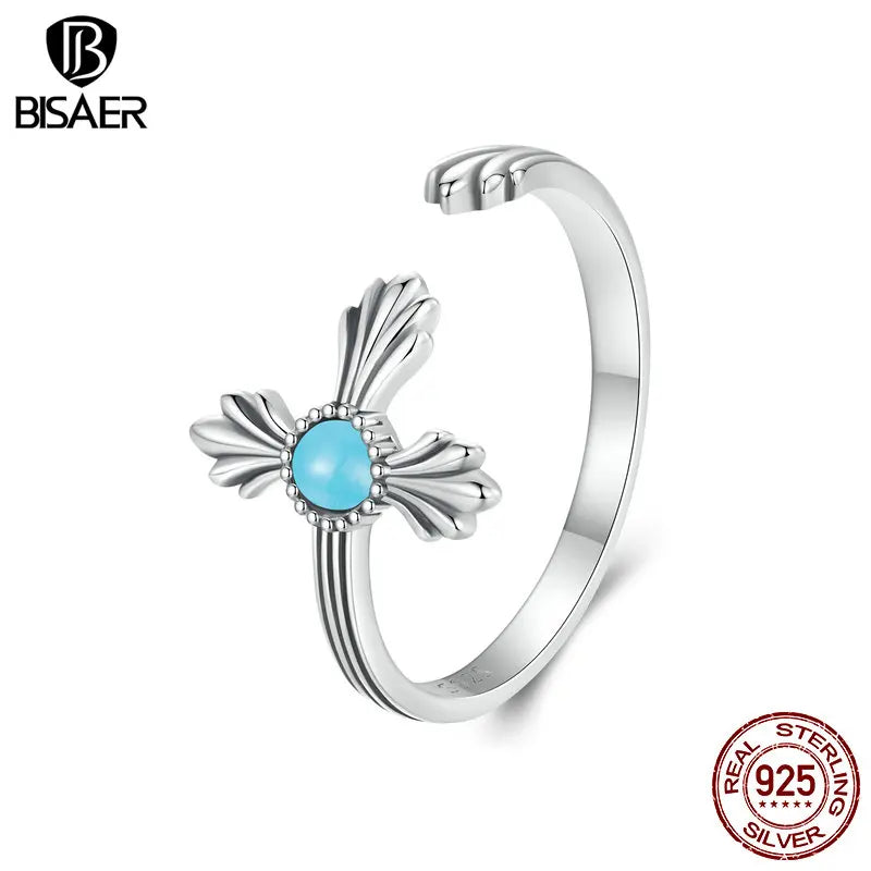 BISAER 100% 925 Sterling Silver Vintage Cross Open Ring Retro Turquoise Eternity Bands for Women Party Fine Jewelry ECR1061