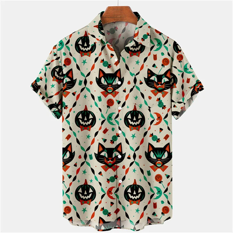 Camisa vintage para hombre con estampado 3D de cabeza de calabaza de Halloween, ropa para hombre, camisa hawaiana informal de verano para playa hawaiana, camisa hawaiana de vacaciones