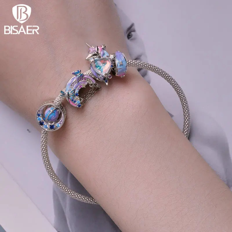 BISAER 925 Sterling Silber Regenbogen Herz Charm Bead Conch Chameleon Einhorn Anhänger Für Frauen DIY Armband Edlen Schmuck ECC2708