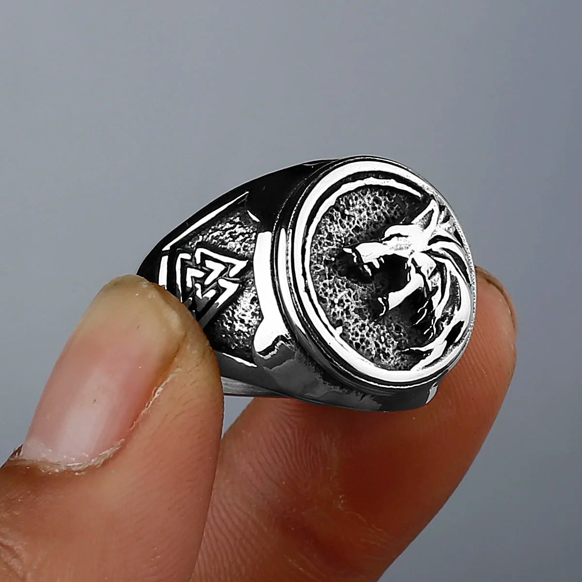 Viking Valknut Rune Wolf Geri and Freki Men's Fashion Personality Wolf 316L Stainless Steel Ring